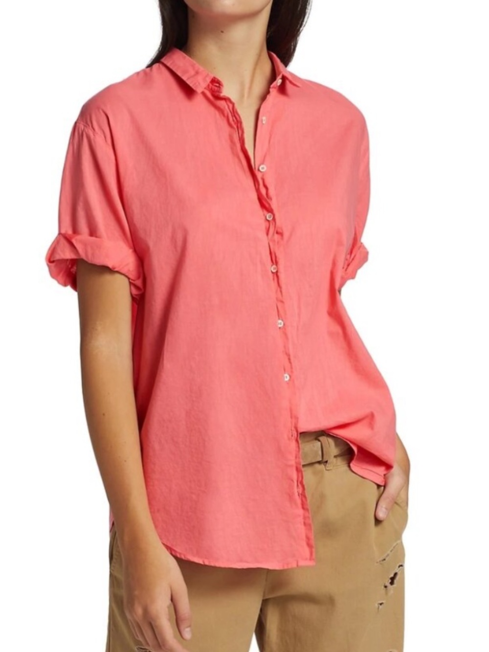 Xirena Channing Shirt Lightweight Cotton Coral Glow Rolled Tucked Sleeves